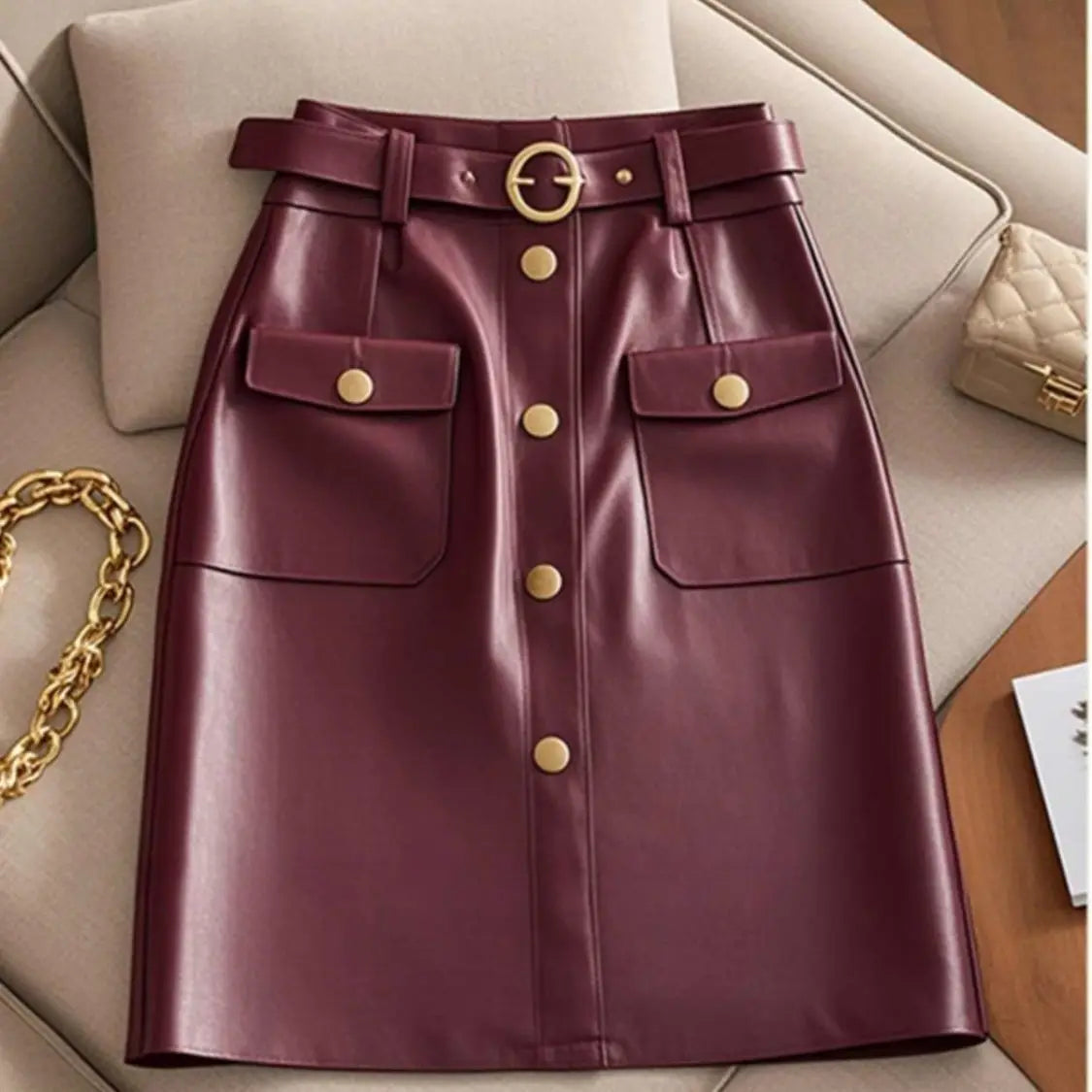 2024 autumn new high-end and super good-looking A-line skirt, fashionable and high-end wine red leather  black skirt