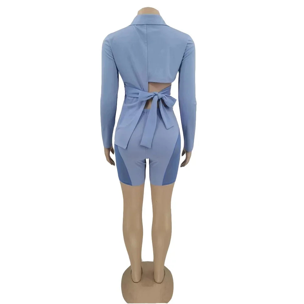 ANJAMANOR Two Piece Club Outfits Women Sexy Asymmetric Blazer and Mesh Shorts Leggings Matching Sets Fall 2023 D58-ED25
