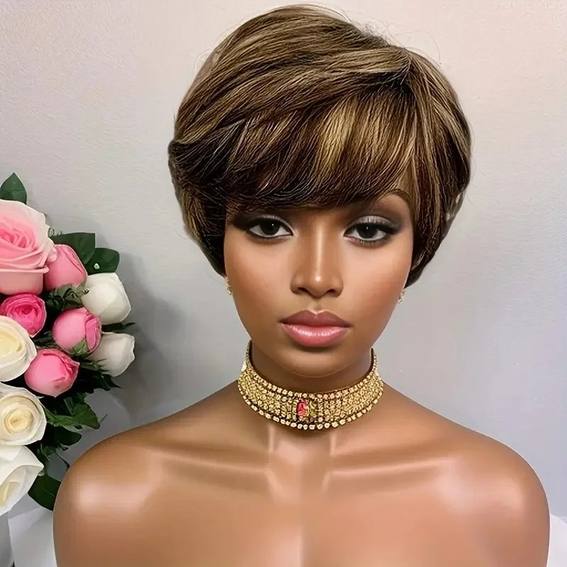 Pixie Cut Wig with Bangs 100% Brazilian Remy Human Hair Natural Black Short Bob Style Full Machine - Made wig