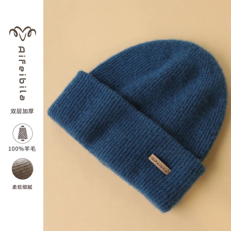 100% Merino Wool Double-Sided Beanie for Men Women Thick Soft Warm Winter Skull Caps Solid Color Knitted Beanies Hat