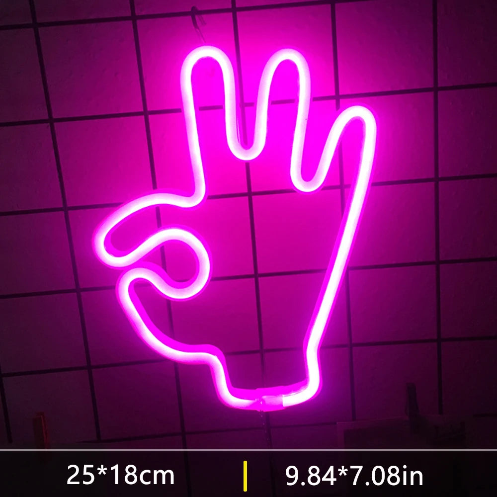 Peace Hand LED Neon Sign Win Victory Gesture Finger Night Lamp OK Neon Lights Bedroom Living Room Wall Home Office Decor