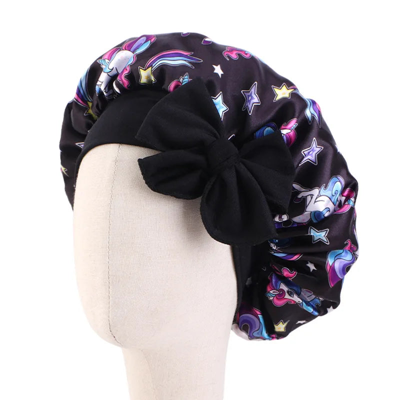 Adjustable Silky Satin Cap  Cartoon Baby Kids Print Satin Bonnet Sleep Hat Cap for Curly Hair