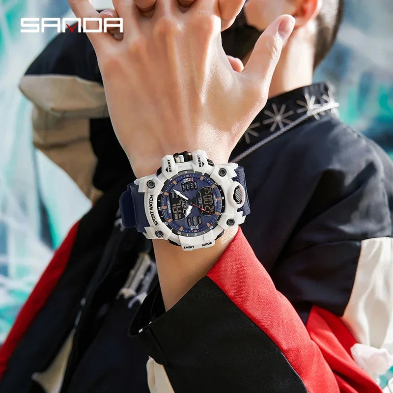 SANDA 6126 Military Man Alarm Stopwatch Quartz Wristwatch Male Digital Clock  Dual Display Men Watches Waterproof Sports Watch
