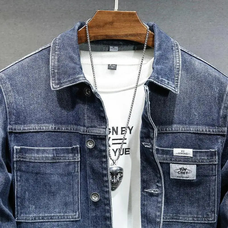 Men's Casual Single Breasted Cotton Blue Fashion Spring Autumn Denim Coat Trendy Brand Stylish High-end Washed Workwear Jacket
