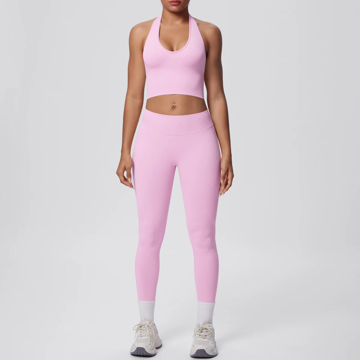 Solid Color Backless Breathable 2pieces Set for Woman High Strength Training Yoga Set Hanging Neck Bra Gym Push Up Fitness Pants