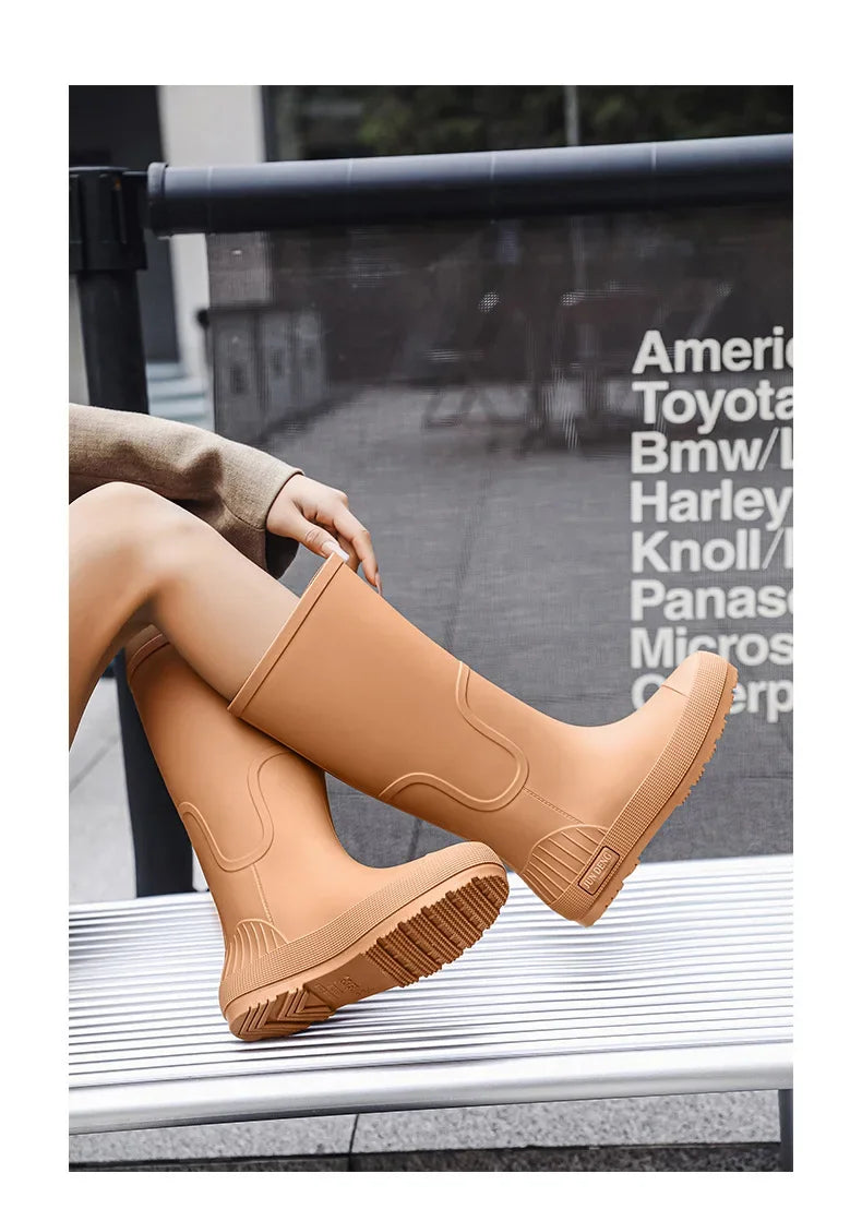 Women's High-Top Rain Boots Spring Autumn Waterproof Slip-Resistant Long Tube Shoes for Outdoor Work PVC Material Knee-High