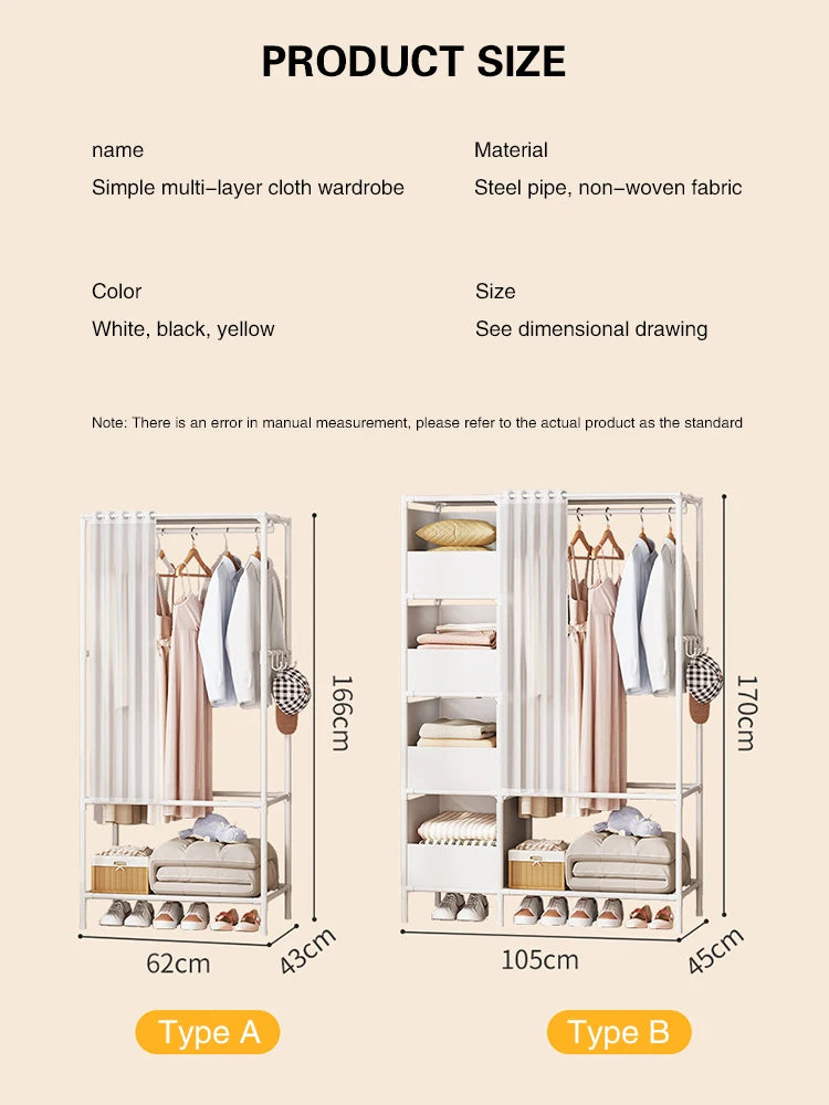 Wardrobe Folding Portable Clothing Storage Cabinet Non-Woven Dustproof Simple Steel Assembly Closet Multipurpose Furniture