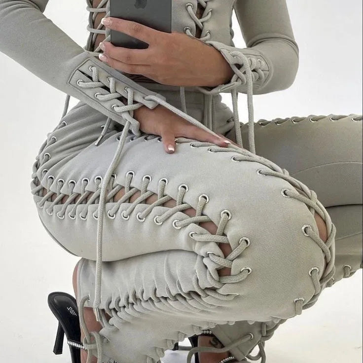 BoozRey Y2k Women Pants Streetwear Low Waist Pant 90s Vintage Clothes Skinny Slim Sexy Lace Up Hollow Out Straight Trousers