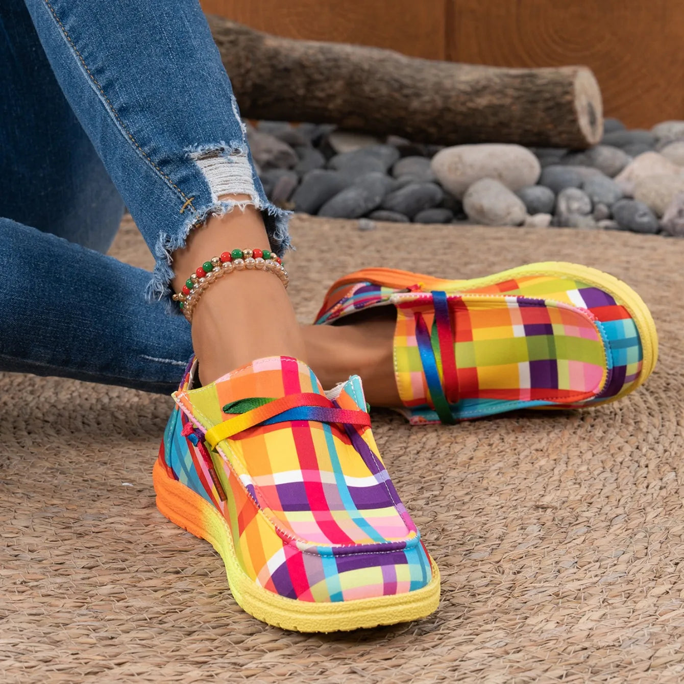 Women Flats Round Toe Multi-Color Sneakers Women Ethnic Rainbow Canvas Shoes Autumn New Casual Daily Flat Loafers Shoes Ladies