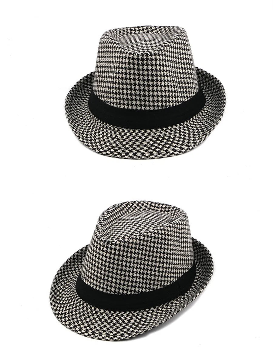 Spring Summer New Vintage Checked Top Hat Men's Middle-aged and Elderly Woolen Gentleman's Hat Jazz Hat