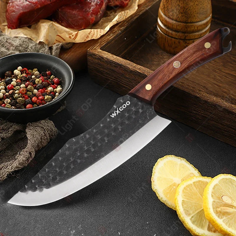 Kitchen Knife Supplies Forged Butcher Knife Fruit Slicing Bottle Opener Knife Multipurpose BBQ Cooking Chef Knife Wood Handle