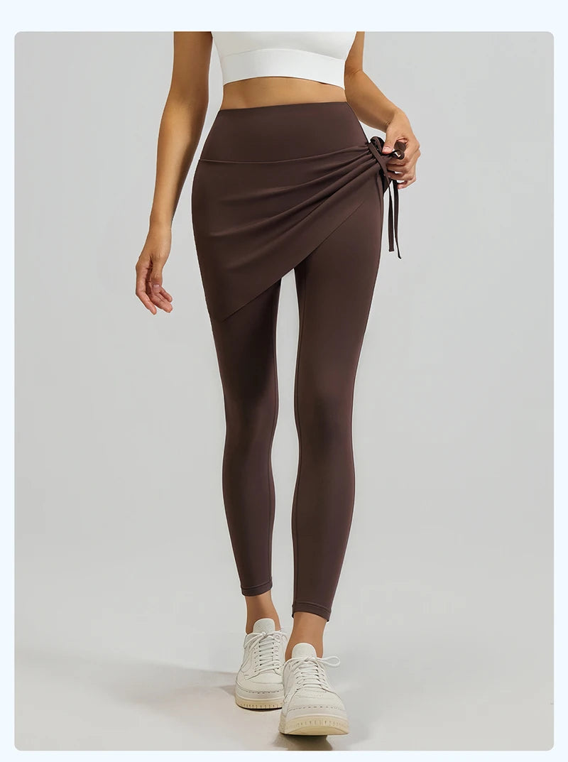 BIVIGAOS New Spring Drawstring Pleated Yoga Leggings Skirt Pants Fake Two Piece Women High Waist Elastic Sports Fitness Leggings