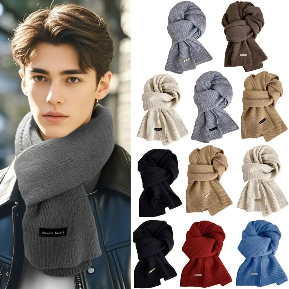 New Korean Style Thick Warm Metal Logo Long Scarf Winter Knitted Solid Color Womens Scarf