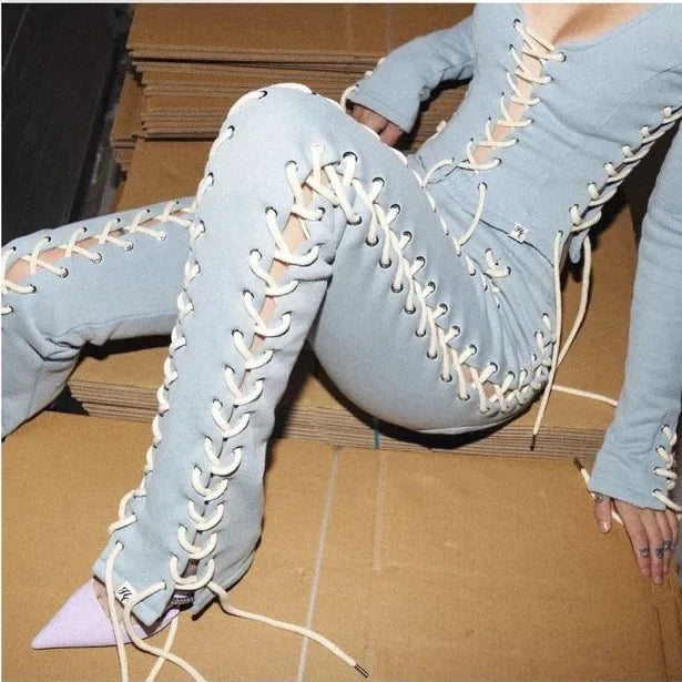 BoozRey Y2k Women Pants Streetwear Low Waist Pant 90s Vintage Clothes Skinny Slim Sexy Lace Up Hollow Out Straight Trousers