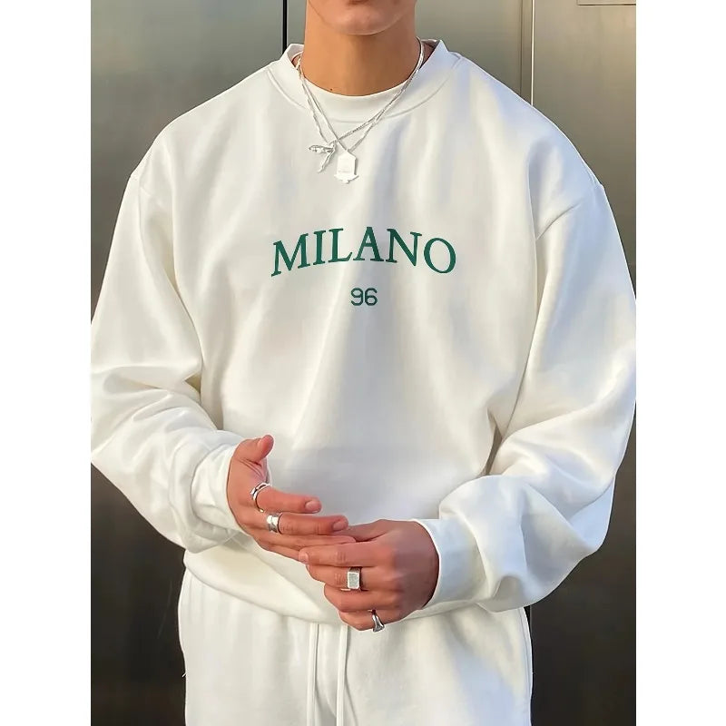 Men's Autumn/Winter Fashionable Casual Loose-Fit Printed Fleece Crewneck Long-Sleeve Hoodie