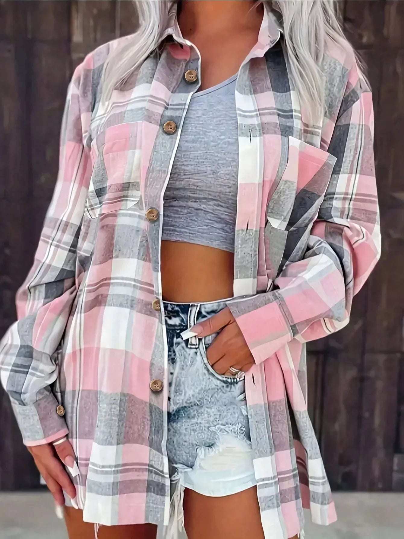 Plus Size Women Fashion 1XL-5XL Plaid Printed Shirt Casual Loose  Lapel Design Shirt Tops Long Sleeved Shirt