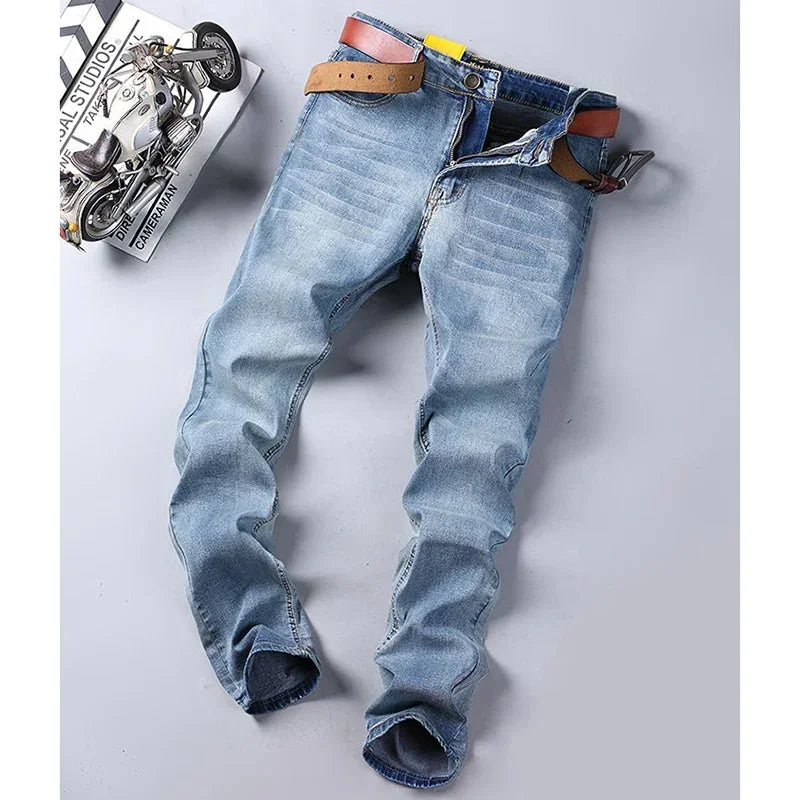 New Men Classic Casual Jeans Male Fashion Business Slim Straight Leg Trousers Stretch Denim Fabric Pants