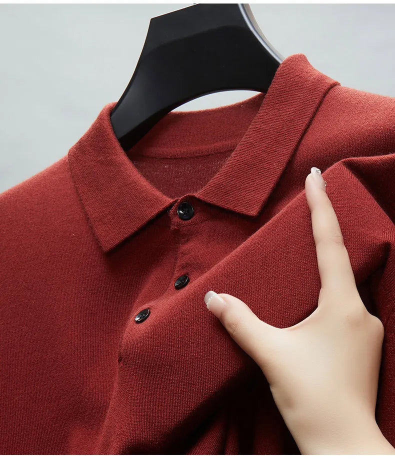 Men's Fine Wool Sweater Polo Collar Pullover Spring Autumn New Cashmere Knitwear Smart Casual Loose Men's Shirts Warm Soft Tops