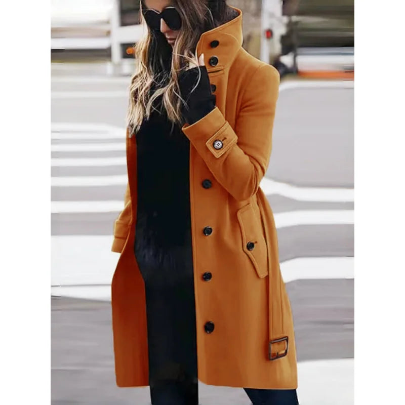 Women's Wool Blend Coat Winter Warm Single Breasted Jacket with Turn-down Collar Long Outerwear Female Clothing