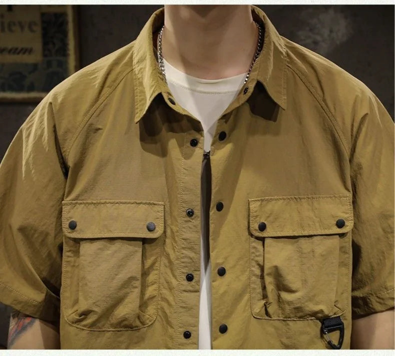 Trendy Cargo Summer Clothes Set Men Short Sleeve Shirt with Pockets And Shorts Solid Casual Safari Outdoor Outfits