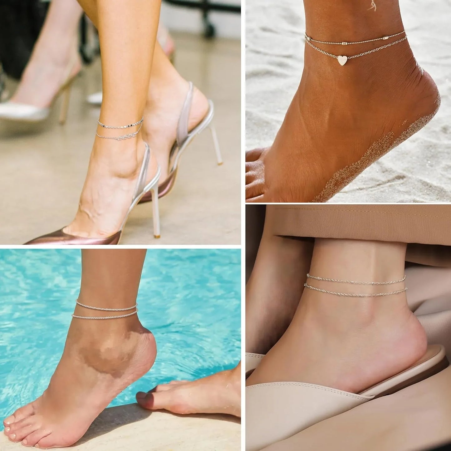 Bobisty Ankle Bracelets for Women Silver Buckle Waterproof Dainty Anklets Adjustable Layered Heart  Anklets Summer Jewelry Gift