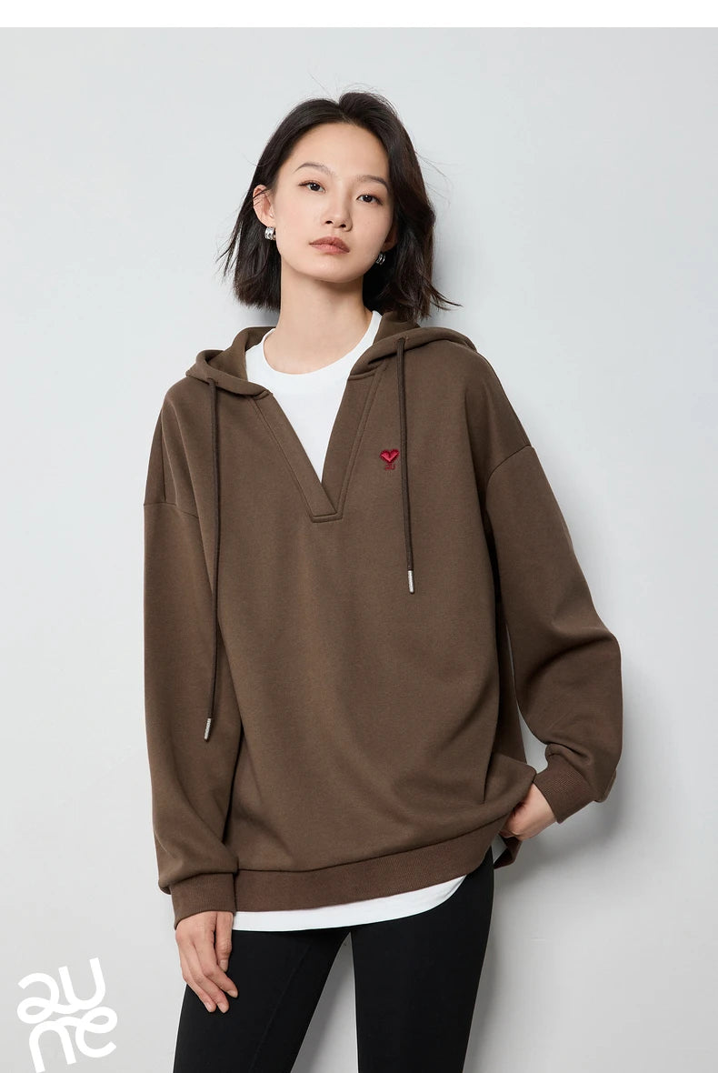 TOYOUTH Women Hoodies Sweatshirt 2024 Autumn New Heart Patter Embroidery Fake Two Piece Hooded Pullover Tops