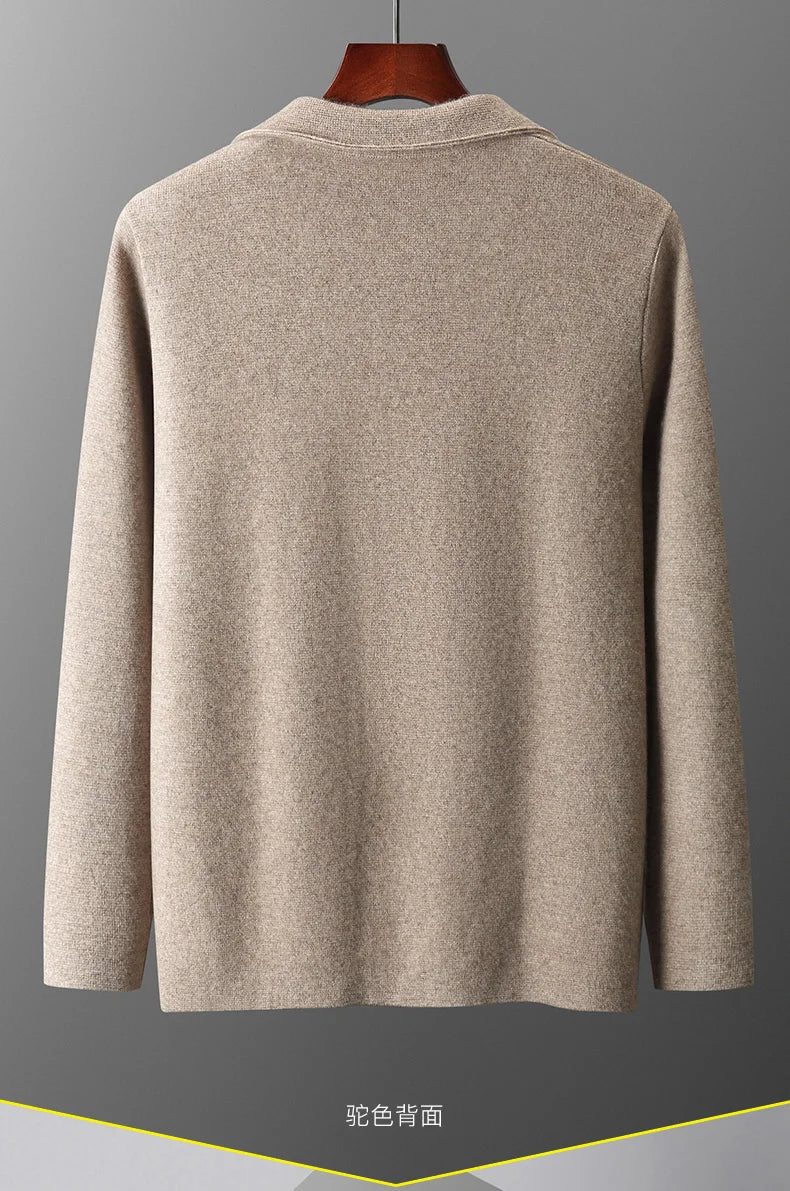 100% Pure Wool Cardigan Men's Spring And Autumn High-End Outerwear Sweater Casual Small Suit Jacket Olive Collar Sweater