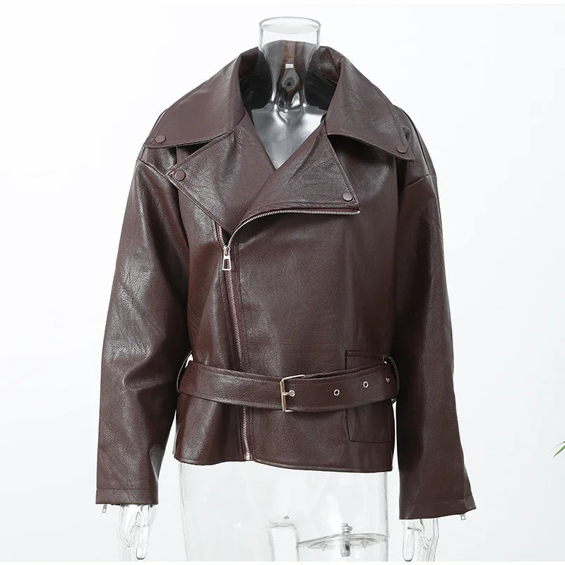Women's Dark Red Zipper Leather Short Jackets Chic Long Sleeve Lace Up Lapel Loose Button Coat Lady Daily High Street Wear 2025