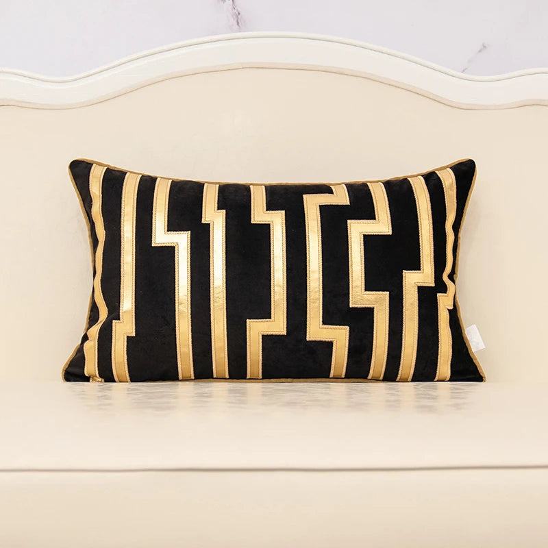 Aeckself Luxury Geometric Plaid Gold Grey Leather Embroidery Velvet Cushion Cover Home Decor Throw Pillow Case White Grey Black