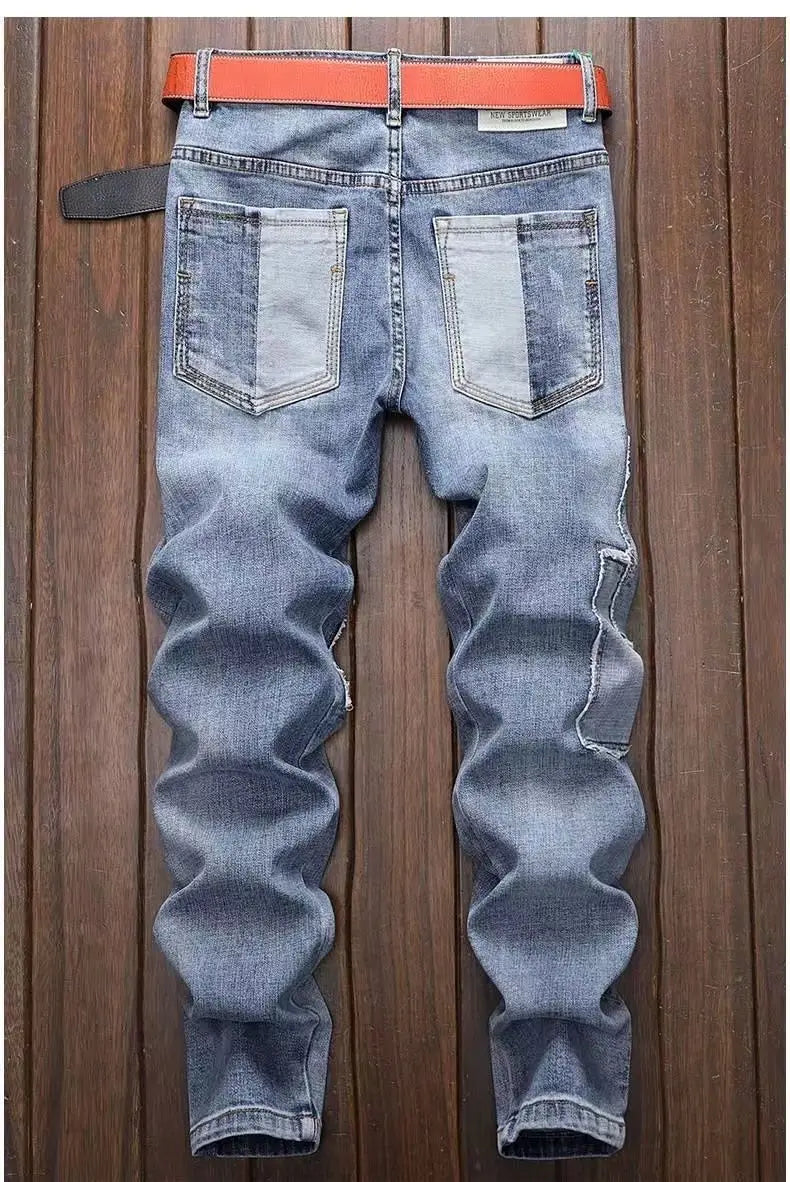 New Spring Autumn Wash Denim Korean Style Blue Designer Cowboy Cycling Motorcycle Splice Vintage Cargo Strech Pant Jean Trousers