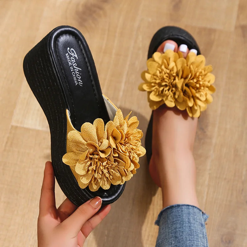 2025 Wedges Sandals Women Slippers Summer Beach Platform Shoes Flower Slippers Women High Heel Slippers Women Fashion