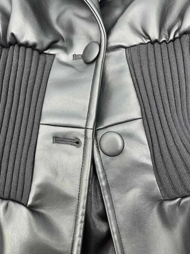 DEAT Fashion Women's Blazer Notched Collar PU Patchwork Knitted Super Waist Silhouette Suit Jackets Spring 2025 New 17A2010H