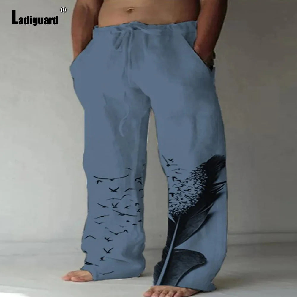 Plus Size 5xl Mens Loose Pants 2025 Summer Casual Linen Pants Male Fashion Print Trouser Men Patchwork Drawstring Leisure Pant