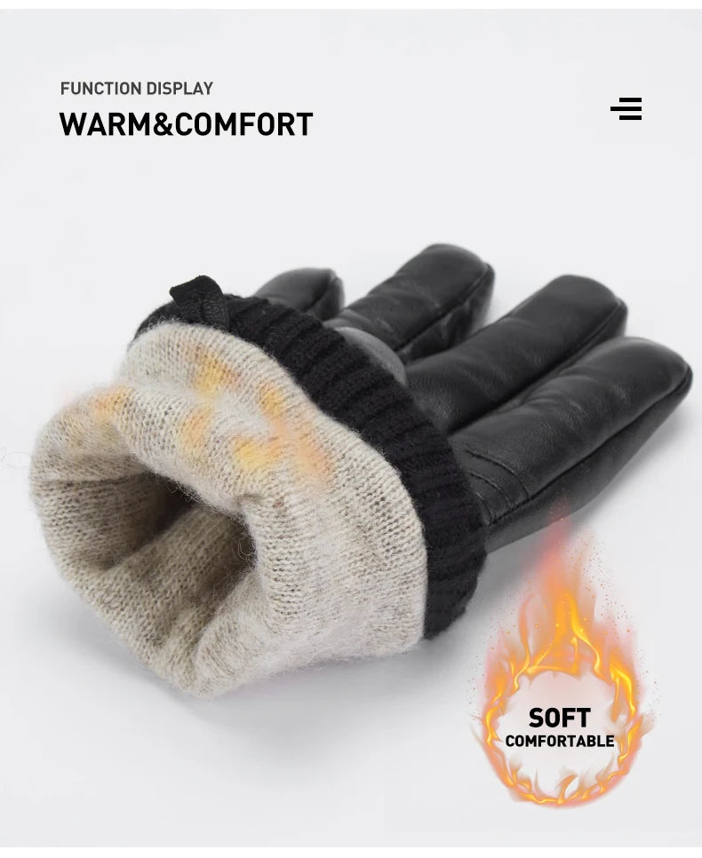 BISON DENIM Sheepskin Leather Gloves For Men Autumn Winter Touch Screen Gloves High Quality Warm Full Finger Men Mittens Driving