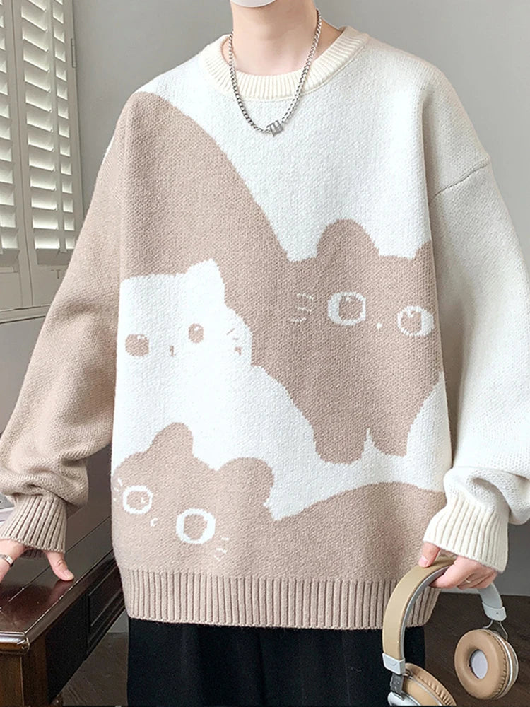 Winter Men's Anime Cat Jacquard Crewneck Knitted Sweaters Hip Hop Fashion Graphic Printed Y2K Jumpers Streetwear Knit Pullovers