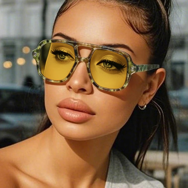 SO&EI Ins Popular Fashion Double Bridges Square Men Sunglasses Vintage Punk Yellow Blue Shades UV400 Men Trending Sun Glasses