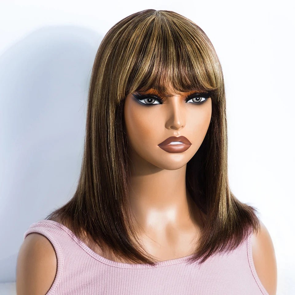 Brazilian Short Straight Hair Bob Wigs Human Hair Wig With Bangs Remy Full Machine Made Wig for Women Brown Honey Color Bob Wig
