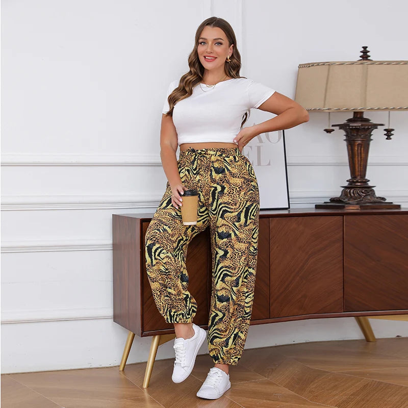 Plus Size Leopard Print Joggers Women High Waist Casual Loose Pants Elastic Waist Trendy Streetwear Trousers