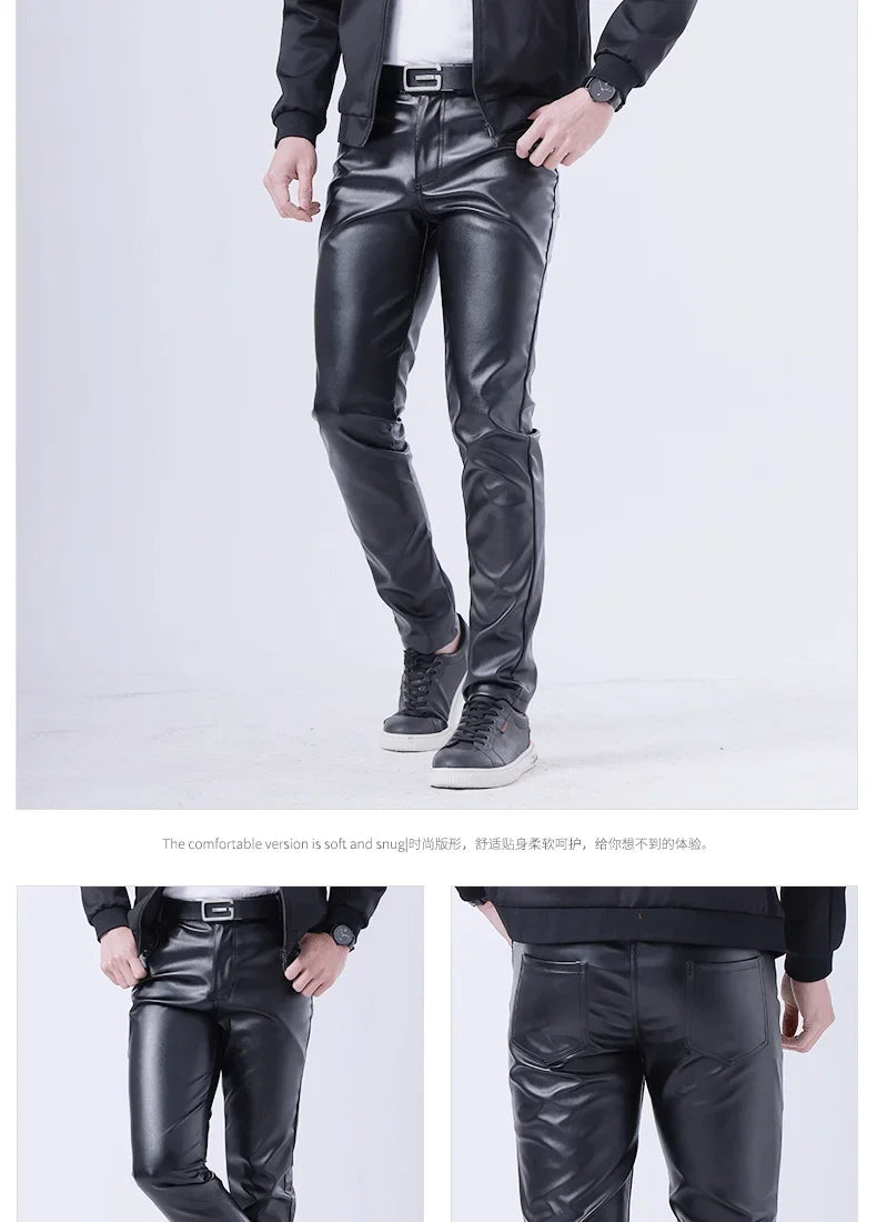 Spring Autumn Stretch Skinny Faux Leather Pants Men Black White Red Blue Khaki Grey PU Pants Plus Size 40 Men Joggers
