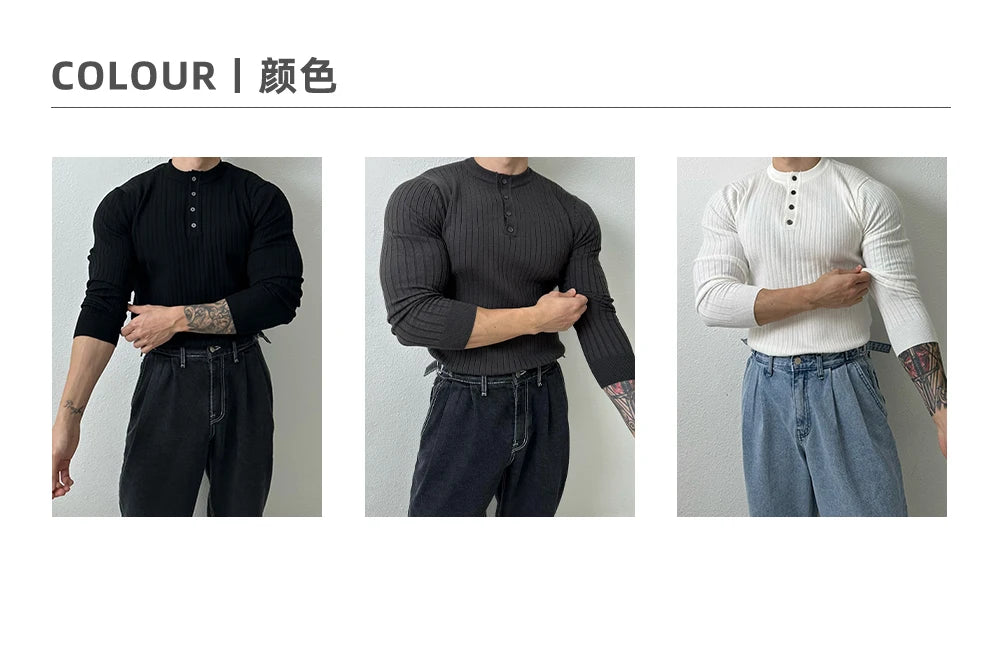 Autumn Clothing Men's Light Luxury Knit Korean Popular Henry Collar T-shirt Button-down Long Sleeve Retro Leisure Knitwear