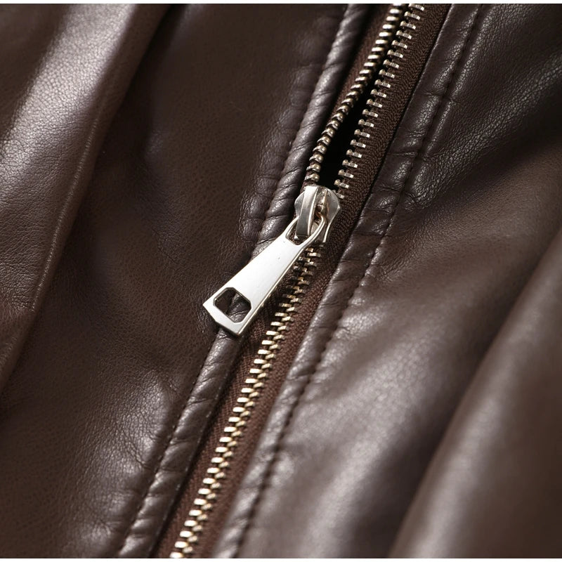 Faux Leather Jacket Women Turn-down Collar Zipper Front Puffy Sleeves Stylish Waist Cinching Coat 2025 Female Winter Outerwear