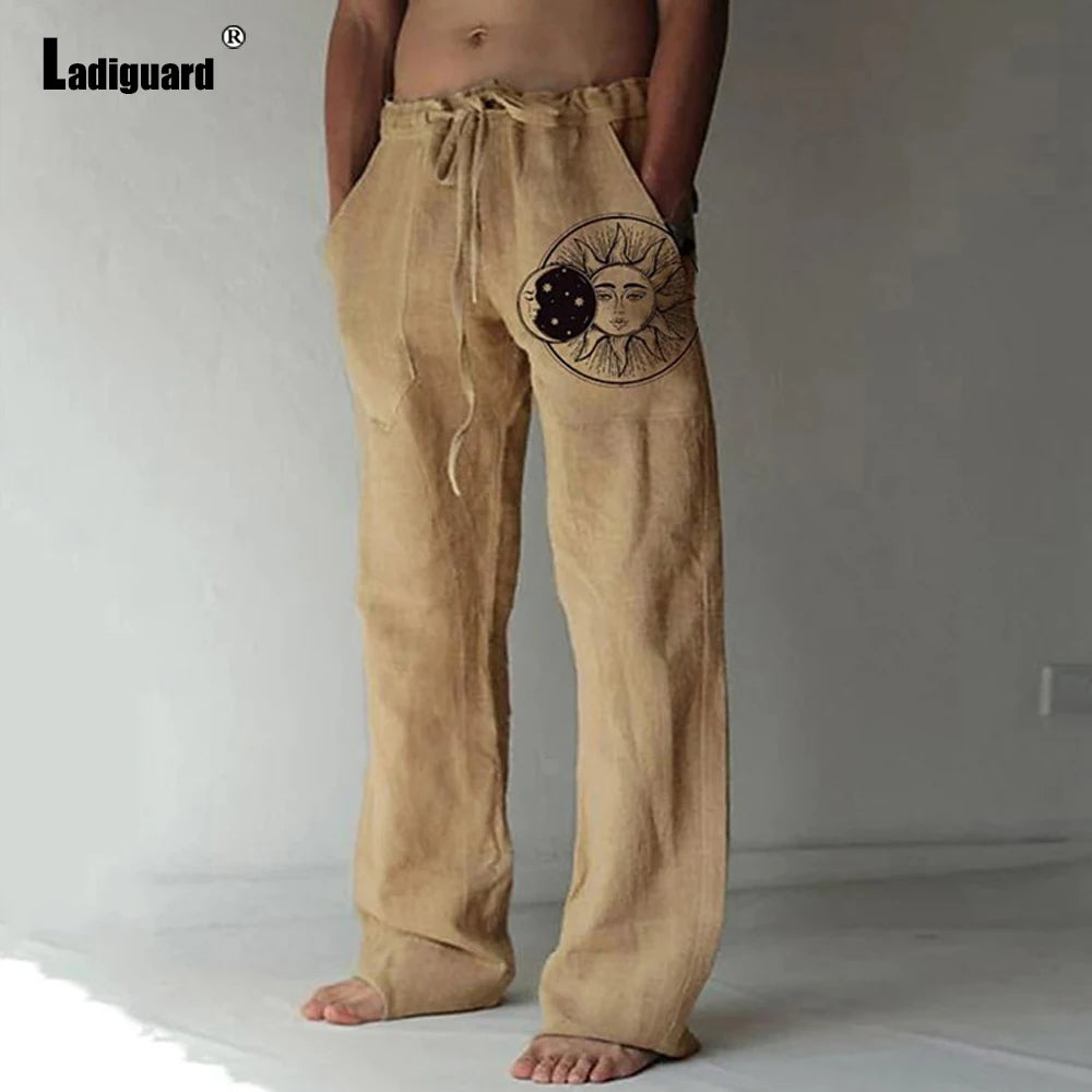 Plus Size 5xl Mens Loose Pants 2025 Summer Casual Linen Pants Male Fashion Print Trouser Men Patchwork Drawstring Leisure Pant