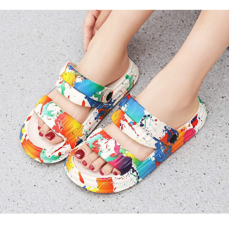 2024 New Thick-soled EVA Cave Shoes Women's Summer Wear Non-slip Beach Soft-soled Semi-Slippers Fashion Printed Sandals