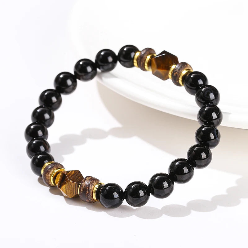 JD Natural Stone Black Agate Yellow Tiger Eye Faceted Bead Strand Bracelet Women Men Bohe Style Yoga Healing Energy Jewelry