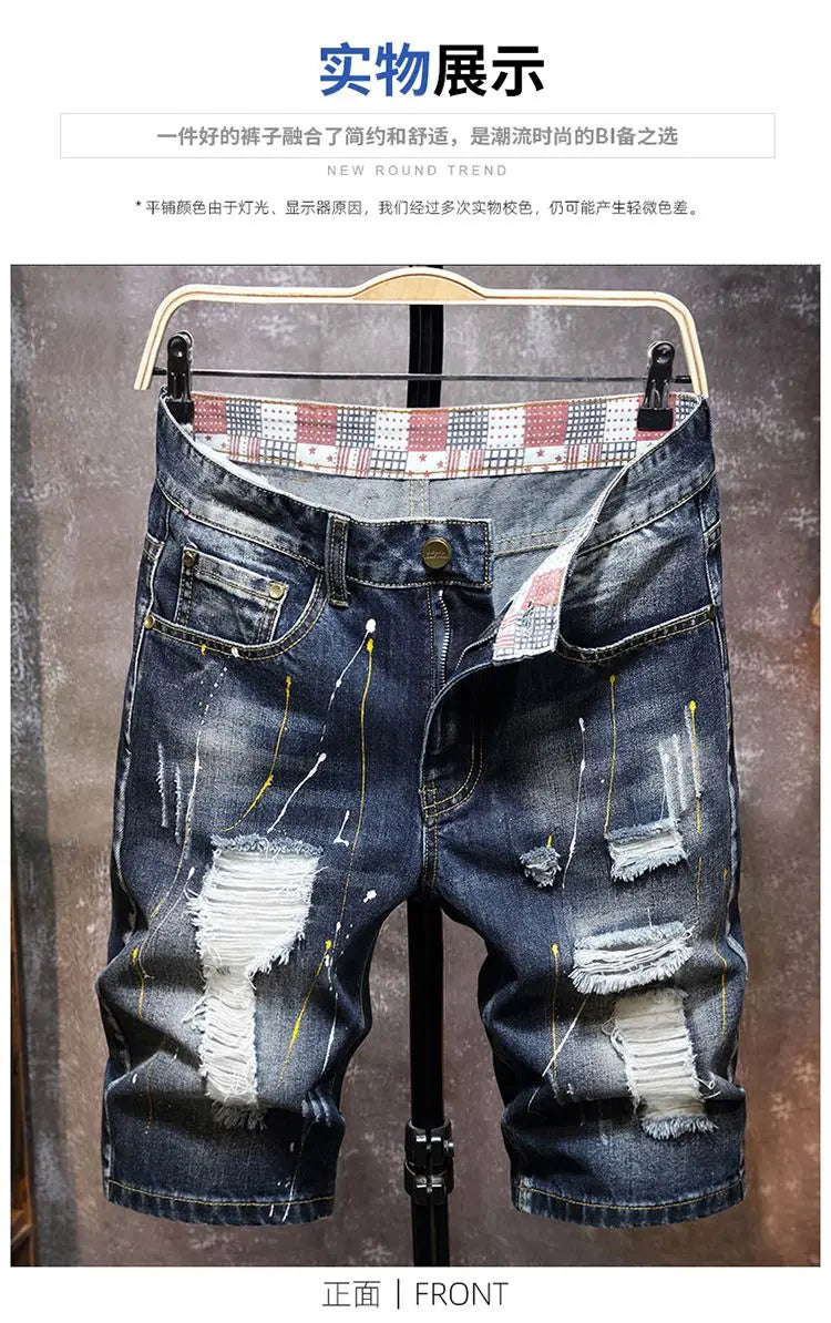 Plus Size 7XL 6XL Men's Summer Ripped Denim Shorts, Loose Straight-Cut, Painted Style, Fashionable Trendy Denim Cropped Pants