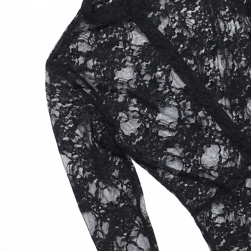 Mesh Sheer Hollow Out Long Sleeve Sexy See Through Skinny Exotic Jumpsuit Bodycon Summer Women Outfit Night Party with Gloves