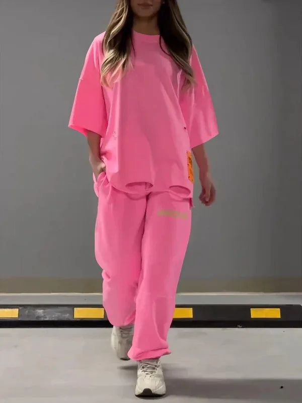 Summer New Fashion Hollowed Out O Neck T Shirt Women's 2 Piece Set Solid Color Casual Relaxed Tracksuit Pants Pocket Female Suit