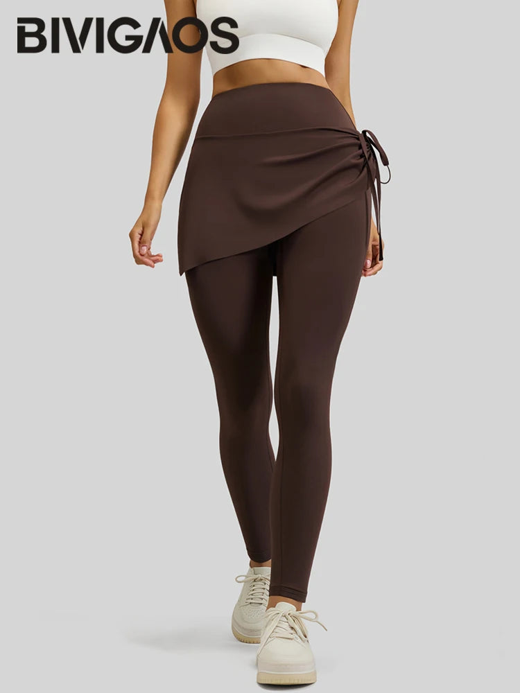 BIVIGAOS New Spring Drawstring Pleated Yoga Leggings Skirt Pants Fake Two Piece Women High Waist Elastic Sports Fitness Leggings