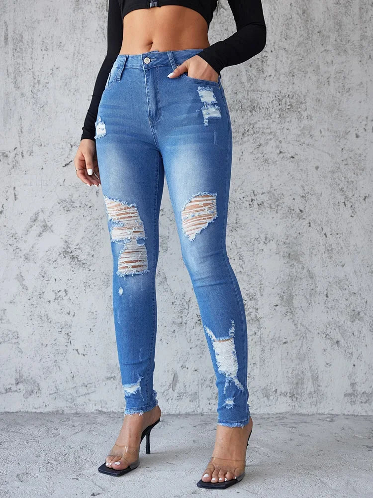 Women's Skinny Jeans Hole Design Spring Summer New Style Butt Lifting Long Trousers Comfortable Fit Denim Pants