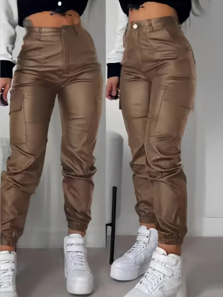 Women's PU Trousers Zipper Pleated Multiple Pocket Fashion Casual High Waisted Patch Bag Tight Foot Aesthetic Long Cargo Pants